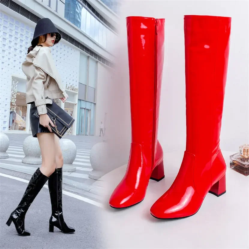 أحمر أبيض براءات الاختراع والج - مراجعة Knee High Boots Women وسعره